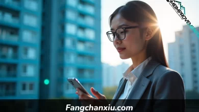 Fangchanxiu.com property platform interface showing Chinese real estate listings and renovation tools on mobile device