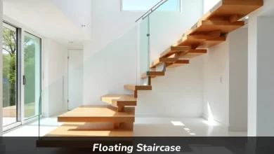 Modern floating staircase with wooden treads and glass railing in contemporary home interior showing open riser design