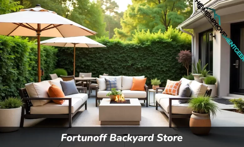 Fortunoff Backyard Store outdoor furniture display showing patio dining set and conversation seating with cushions