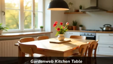 Gardenweb Kitchen Table in modern home with wooden chairs and natural light showing dining space setup