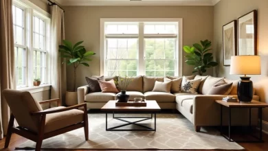 living room decorating with large area rug, conversation seating arrangement, layered lighting, and mixed furniture styles