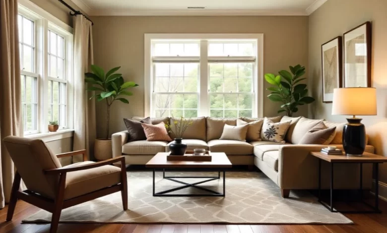 living room decorating with large area rug, conversation seating arrangement, layered lighting, and mixed furniture styles