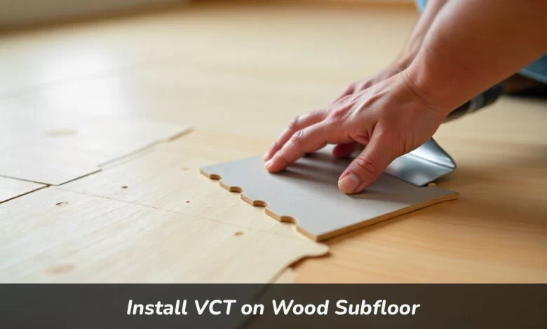 Professional installer laying VCT tiles on prepared wood subfloor with underlayment and adhesive in residential room