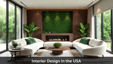 Modern interior design in USA showing living room with natural elements, curved furniture, and sustainable materials representing 2025 trends