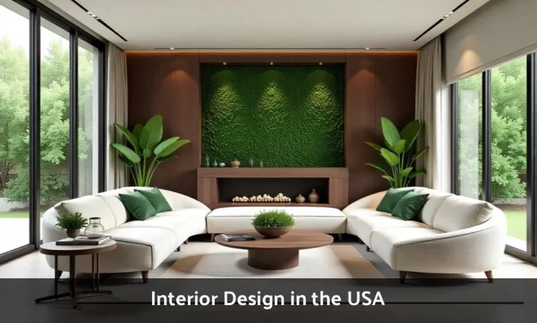 Modern interior design in USA showing living room with natural elements, curved furniture, and sustainable materials representing 2025 trends