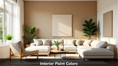 Interior paint colors 2025 showing warm neutral walls with brown accent wall in modern living room with natural light