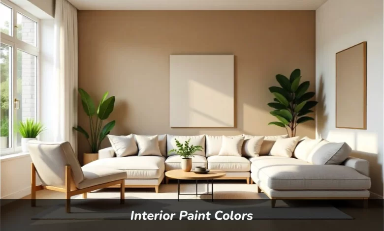 Interior paint colors 2025 showing warm neutral walls with brown accent wall in modern living room with natural light