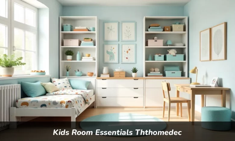 Kids room essentials including bed storage desk and colorful decor in organized modern bedroom