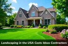 Professional landscaping in USA showing contractor working on residential yard with costs and design ideas