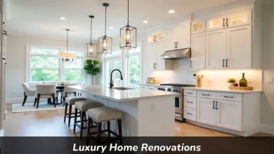 Luxury Home Renovations showing modern kitchen with custom cabinets and premium countertops