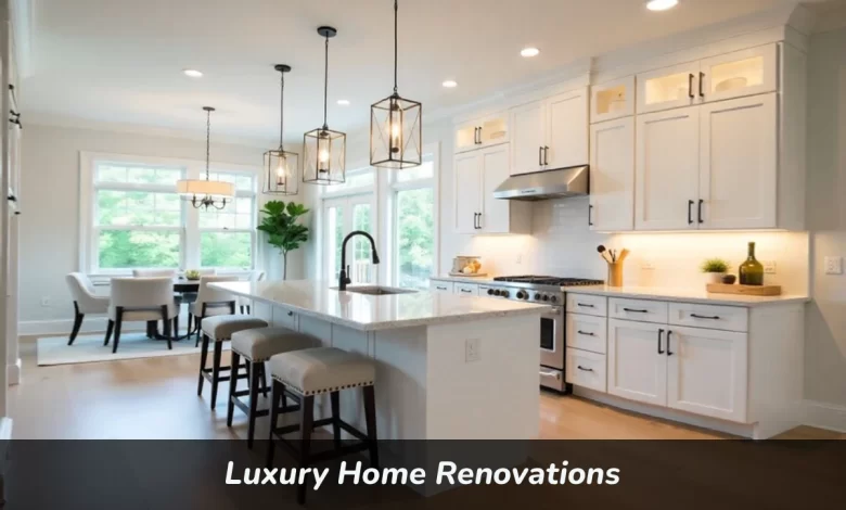 Luxury Home Renovations showing modern kitchen with custom cabinets and premium countertops