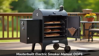 Masterbuilt Electric Smoker Manual OOP1 Model 20071011 with digital control panel and wood chip loader outdoors