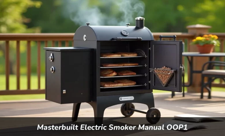 Masterbuilt Electric Smoker Manual OOP1 Model 20071011 with digital control panel and wood chip loader outdoors
