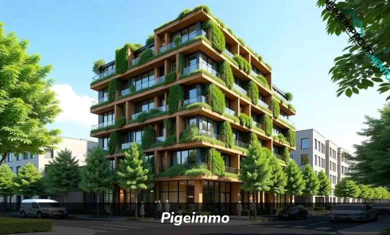 Pigeimmo smart building with vertical gardens and solar panels showing sustainable urban real estate design