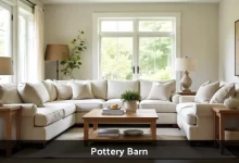 Pottery Barn living room furniture showing comfortable sofa and home decor in neutral tones