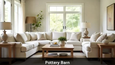 Pottery Barn living room furniture showing comfortable sofa and home decor in neutral tones