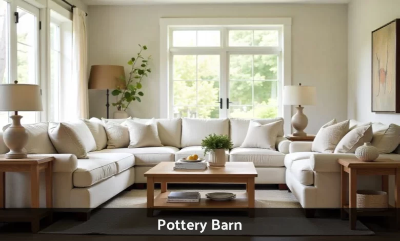 Pottery Barn living room furniture showing comfortable sofa and home decor in neutral tones