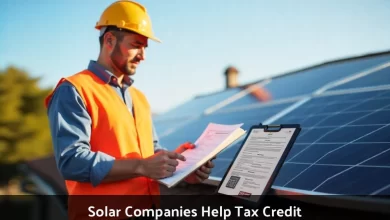 Solar installer helping homeowner with federal tax credit documentation and Form 5695 for 30 percent solar panel credit claim