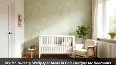 Stylish nursery wallpaper with botanical patterns in modern baby room featuring white crib and natural decor