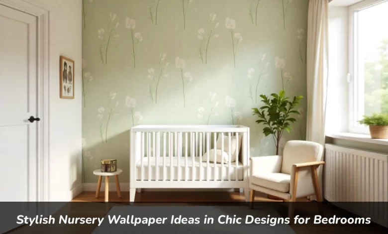 Stylish nursery wallpaper with botanical patterns in modern baby room featuring white crib and natural decor