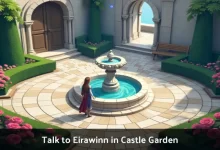 Eirawinn NPC standing in Castle Garden near fountain in Mabinogi with quest marker above her head