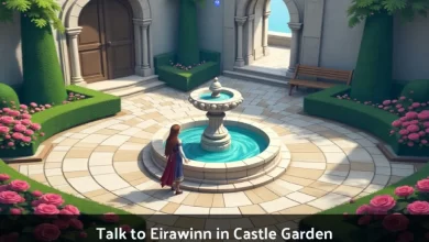 Eirawinn NPC standing in Castle Garden near fountain in Mabinogi with quest marker above her head