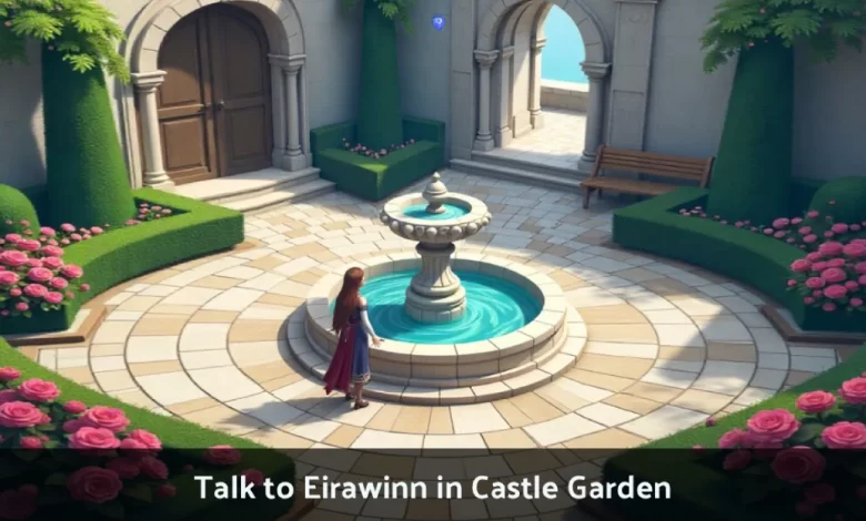 Eirawinn NPC standing in Castle Garden near fountain in Mabinogi with quest marker above her head