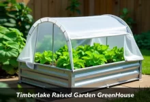 Raised garden bed with greenhouse cover protecting vegetables in outdoor garden