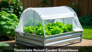 Raised garden bed with greenhouse cover protecting vegetables in outdoor garden