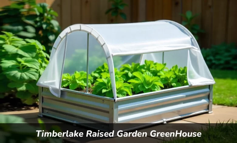 Raised garden bed with greenhouse cover protecting vegetables in outdoor garden