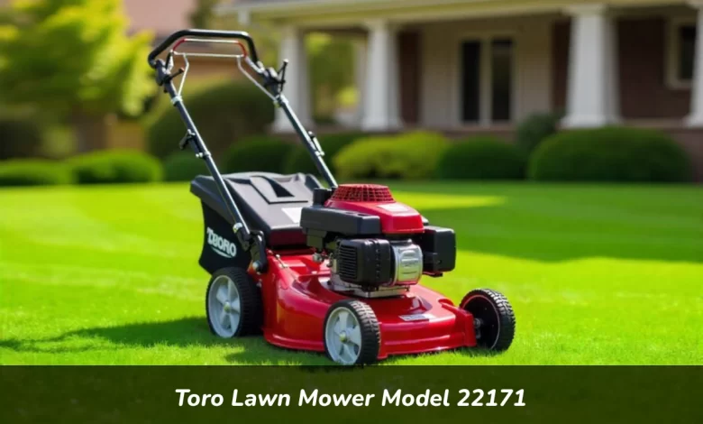 Toro lawn mower model 22171 commercial Recycler walk-behind mower with cast deck and rear-wheel drive on green lawn