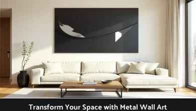Modern living room featuring large geometric metal wall art above sofa with natural light creating shadows and depth