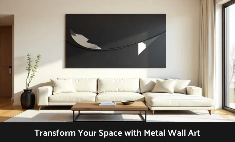 Modern living room featuring large geometric metal wall art above sofa with natural light creating shadows and depth