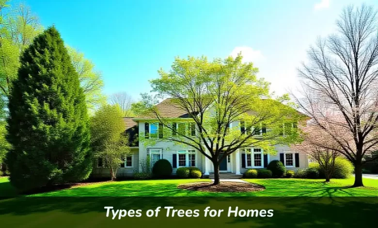 Different Types of Trees for Homes showing privacy evergreen shade tree and flowering dogwood in front yard