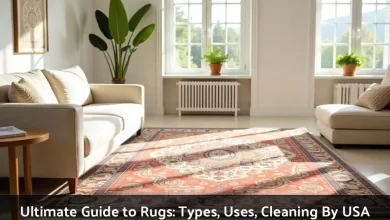 Different types of rugs displayed in modern living room including Persian rug wool rug and jute rug with cleaning guide