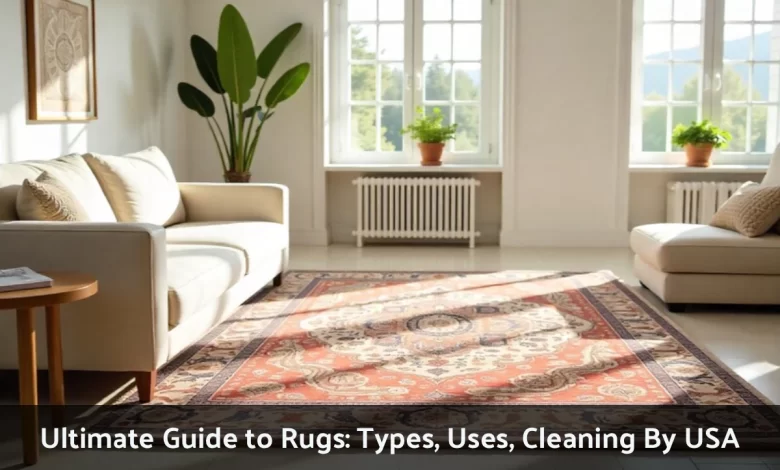 Different types of rugs displayed in modern living room including Persian rug wool rug and jute rug with cleaning guide