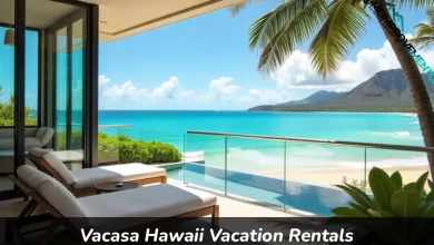 Vacasa Hawaii vacation rental beachfront property with ocean view and palm trees on Maui island