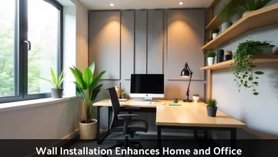 Wall installation in modern home office showing acoustic panels for privacy and noise reduction