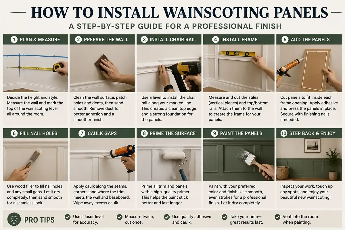 Wainscoting Panels: 6 Types, Costs & Installation Guide - Home Installations | HomeImprovementGeek Step-by-step guide showing how to install wainscoting panels, from measuring and wall preparation to fitting, caulking, priming, and painting.