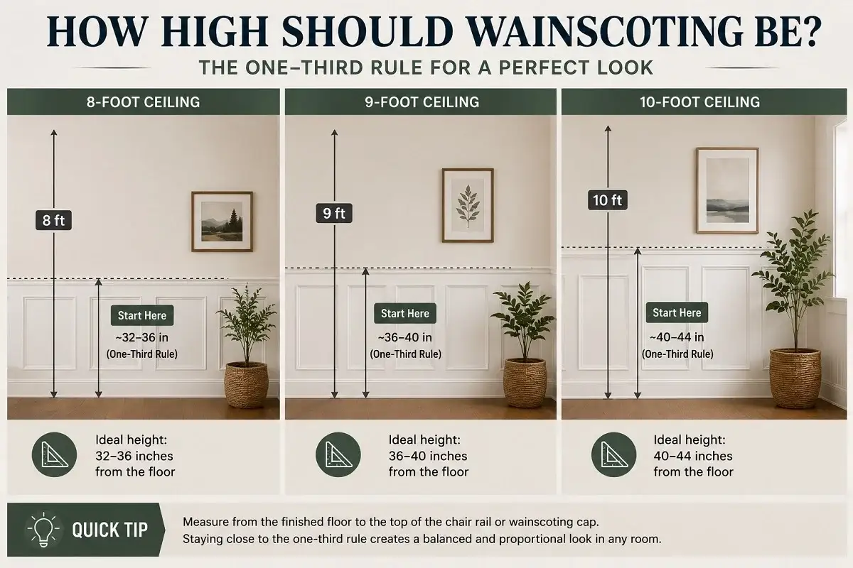 Wainscoting Panels: 6 Types, Costs & Installation Guide - Home Installations | HomeImprovementGeek Wainscoting height guide showing suggested starting heights for 8-foot, 9-foot, and 10-foot ceilings using the one-third rule.