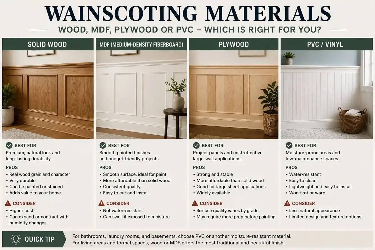 Wainscoting Panels: 6 Types, Costs & Installation Guide - Home Installations | HomeImprovementGeek Wainscoting materials comparison showing solid wood, MDF, plywood, and PVC or vinyl panels with their uses and benefits.