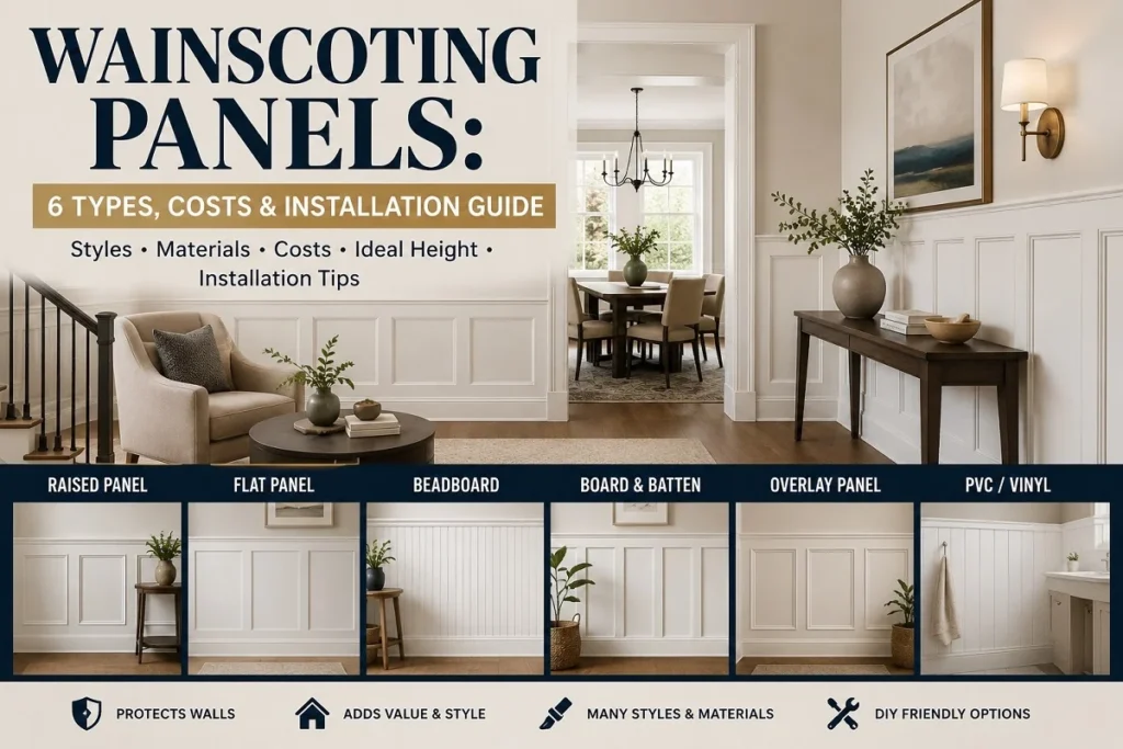 Wainscoting panels guide showing six styles, including raised panel, flat panel, beadboard, board and batten, overlay, and PVC.