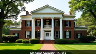 Alabama sorority houses at University of Alabama showing grand mansion with white columns and multiple stories
