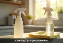 Woman using spray bottle and cloth for quick cleaning tips on kitchen counter during morning routine