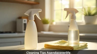 Woman using spray bottle and cloth for quick cleaning tips on kitchen counter during morning routine
