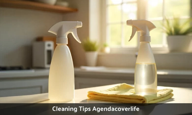 Woman using spray bottle and cloth for quick cleaning tips on kitchen counter during morning routine