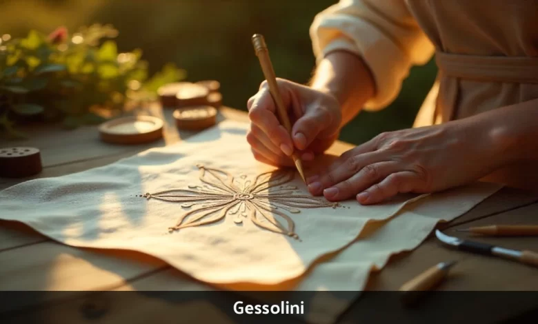 Gessolini Italian craft showing artisan hands drawing chalk patterns on fabric with traditional tailoring tools