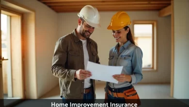 Homeowner reviewing home improvement insurance policy with contractor before starting renovation project