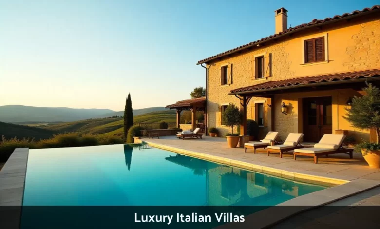 Luxury Italian Villas with private pool overlooking Tuscany countryside and vineyards at sunset