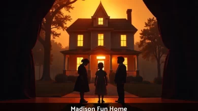 Madison Fun Home musical production featuring three versions of Alison Bechdel on stage with funeral home backdrop